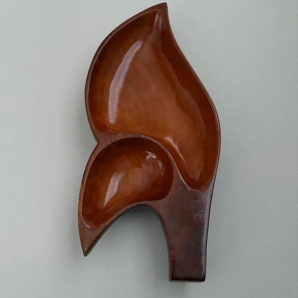 Hand‎ Carved Wood Leaf Shaped Serving Dish Mid Century Modern Appetizer Tray